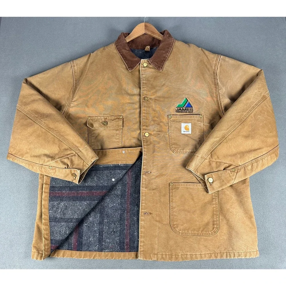 Carhartt Jacket Mens 56 Brown Distressed Canvas Blanket Corduroy Collar C01 BRN